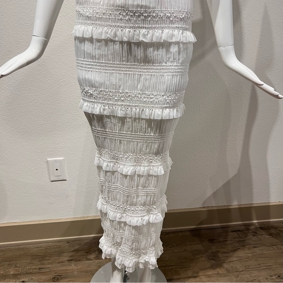 Commense Layered Ruffle Eyelet Long Dress Ruched Smocked Detail Slit Back - Picture 2 of 16